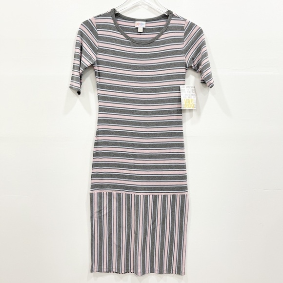 Lularoe Julia Stripe Short Sleeve Dress Pink Grey - Picture 1 of 5